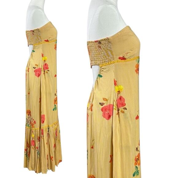 Free People Bohemian Rosie Posie Strapless Midi Dress Yellow Floral Size Large - Picture 7 of 11